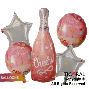 SET DE GLOBOS METALIZADO BOTELLA CHEERS ROSA 5 UNIDADES X 1